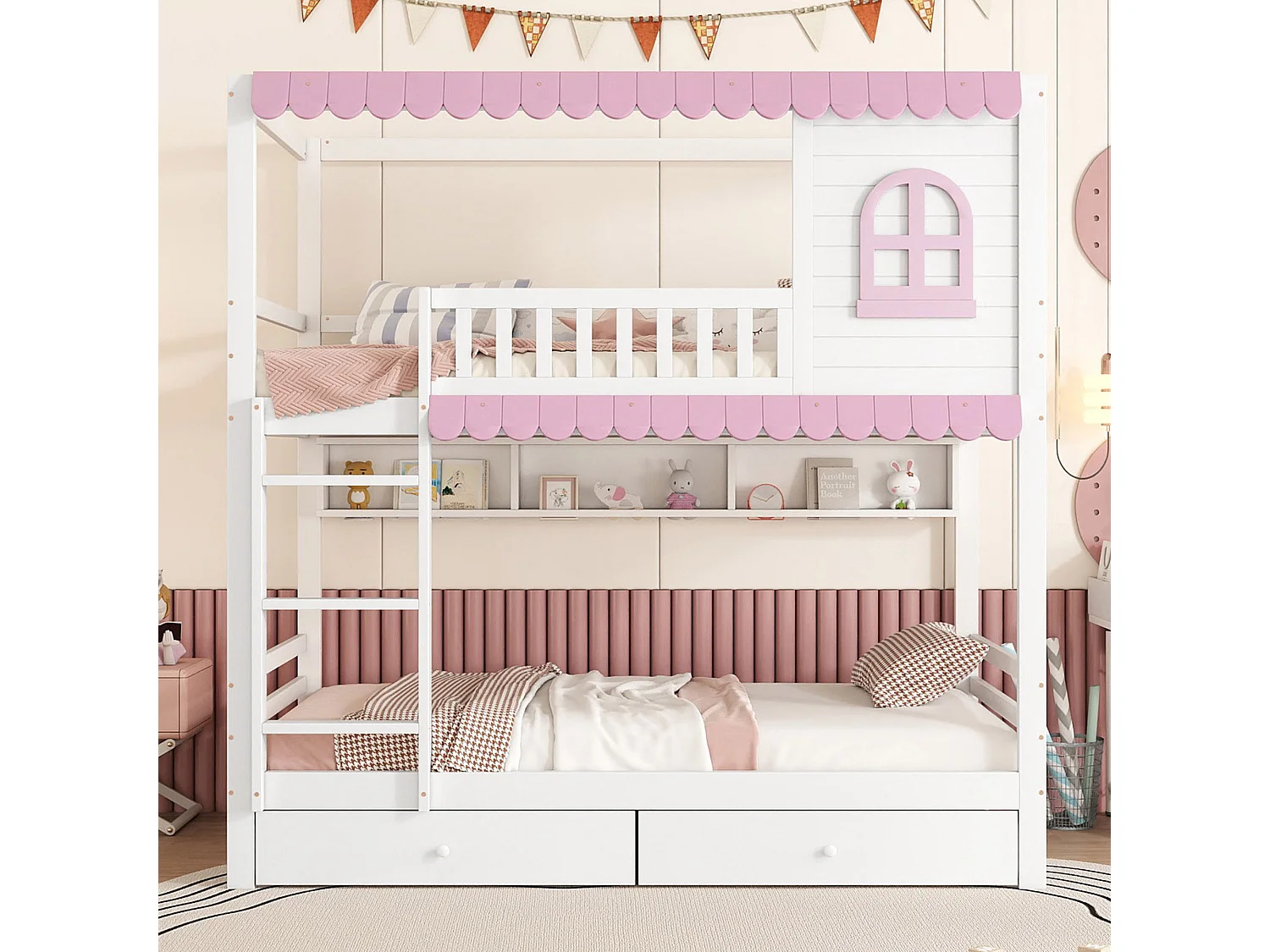 Kinder-Etagenbett mit Fenster - 90 x 200 cm - zwei Schubladen und Ablagefach - Kiefer + MDF - weiß + rosa