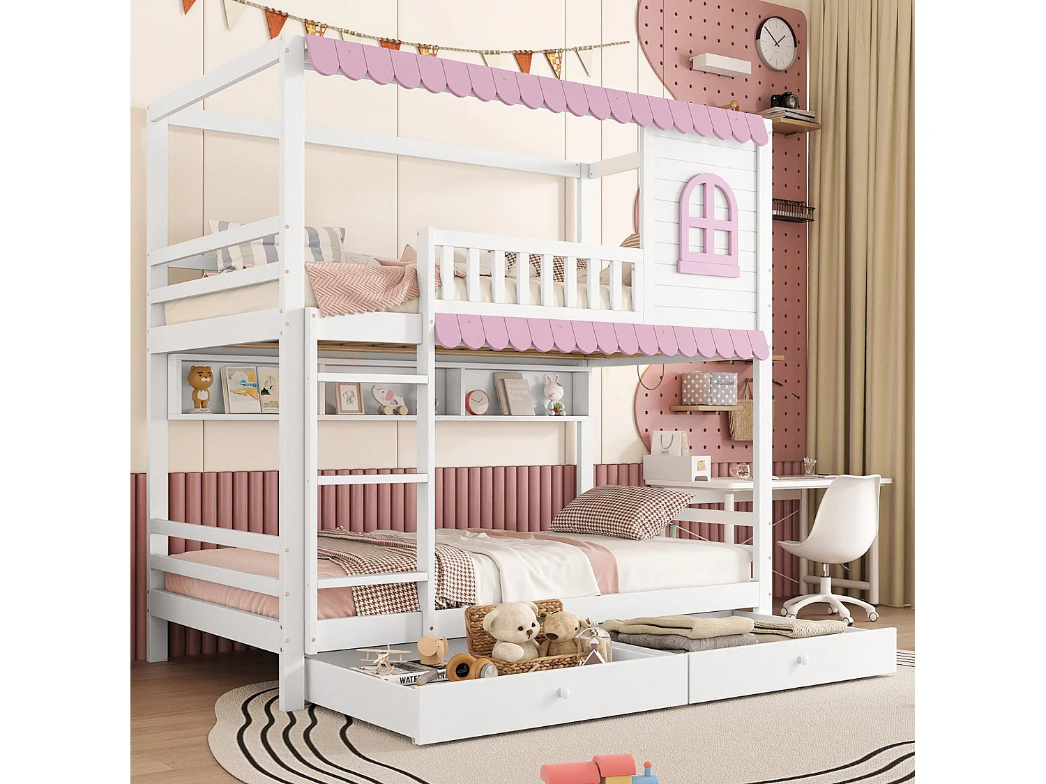 Kinder-Etagenbett mit Fenster - 90 x 200 cm - zwei Schubladen und Ablagefach - Kiefer + MDF - weiß + rosa