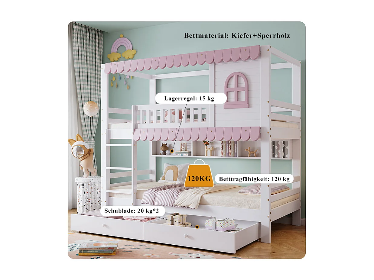 Kinder-Etagenbett mit Fenster - 90 x 200 cm - zwei Schubladen und Ablagefach - Kiefer + MDF - weiß + rosa