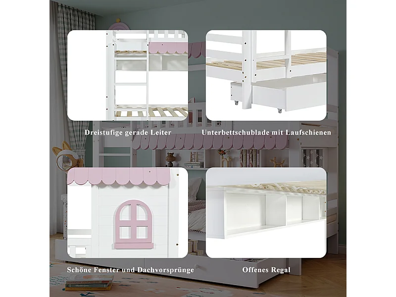 Kinder-Etagenbett mit Fenster - 90 x 200 cm - zwei Schubladen und Ablagefach - Kiefer + MDF - weiß + rosa