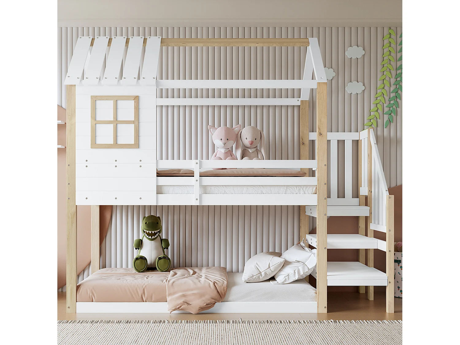 Kinder-Etagenbett mit Treppe - 90 x 200 cm - mit Rausfallschutz und Barrieren - Kiefer + MDF - Weiß + Natur