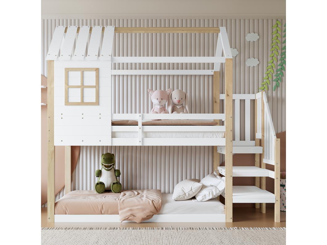 Beliche infantil com escada - 90 x 200 cm - com proteção contra quedas e barreiras - pinho + MDF - branco + natural