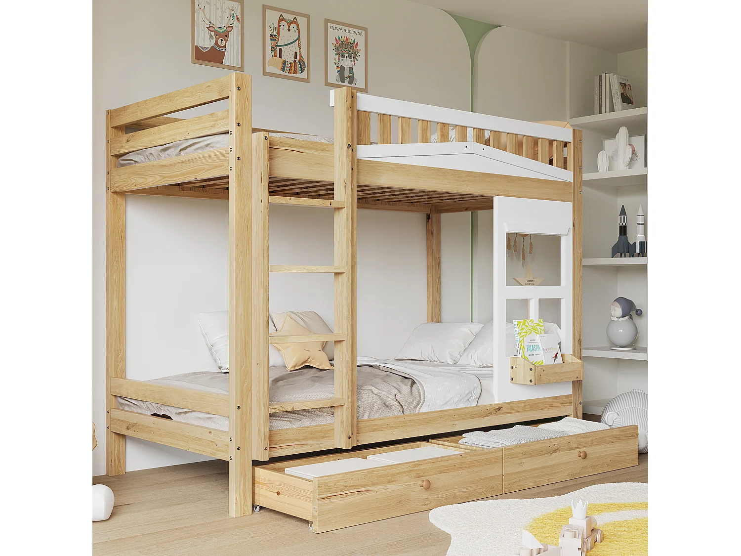 Kinder-Etagenbett mit Fenster - 90 x 200 cm - mit Absturzsicherung - zwei Schubladen und Stauraum - Kiefer + MDF - weiß + natur