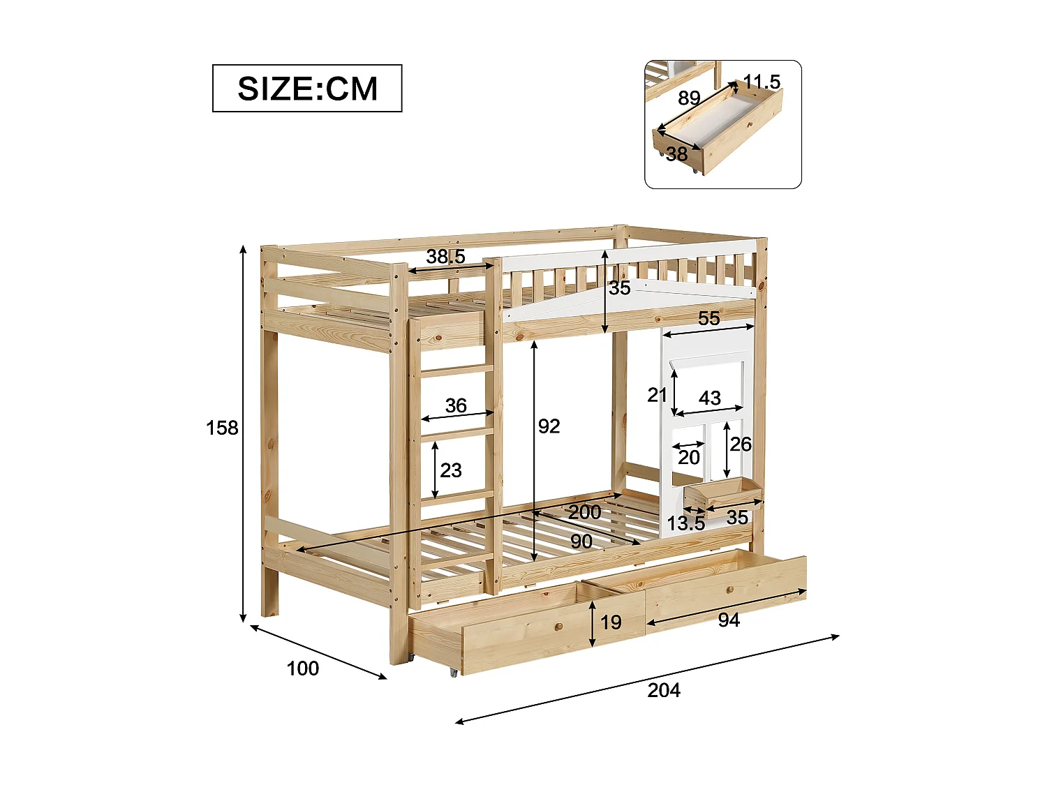Kinder-Etagenbett mit Fenster - 90 x 200 cm - mit Absturzsicherung - zwei Schubladen und Stauraum - Kiefer + MDF - weiß + natur
