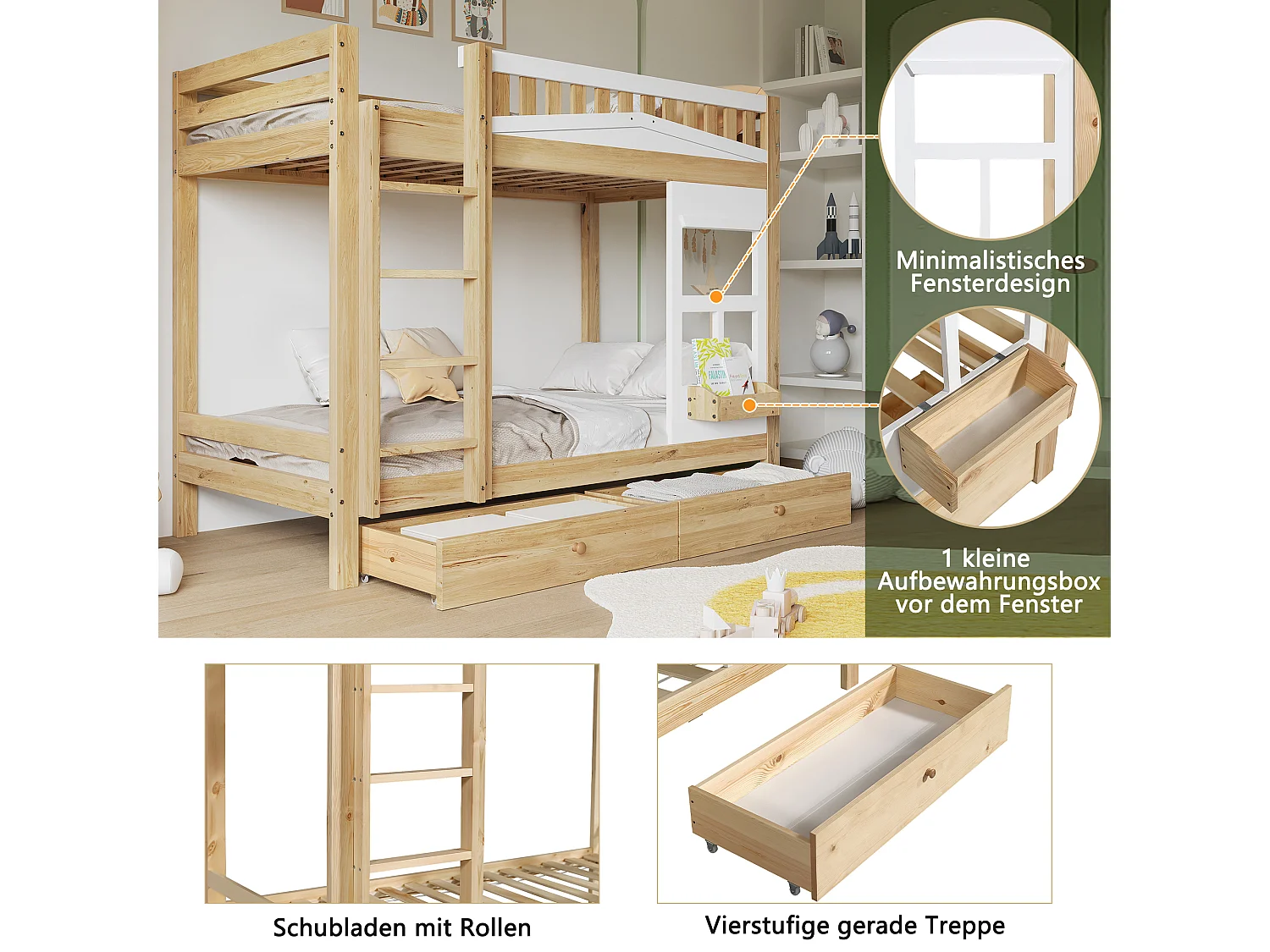 Kinder-Etagenbett mit Fenster - 90 x 200 cm - mit Absturzsicherung - zwei Schubladen und Stauraum - Kiefer + MDF - weiß + natur