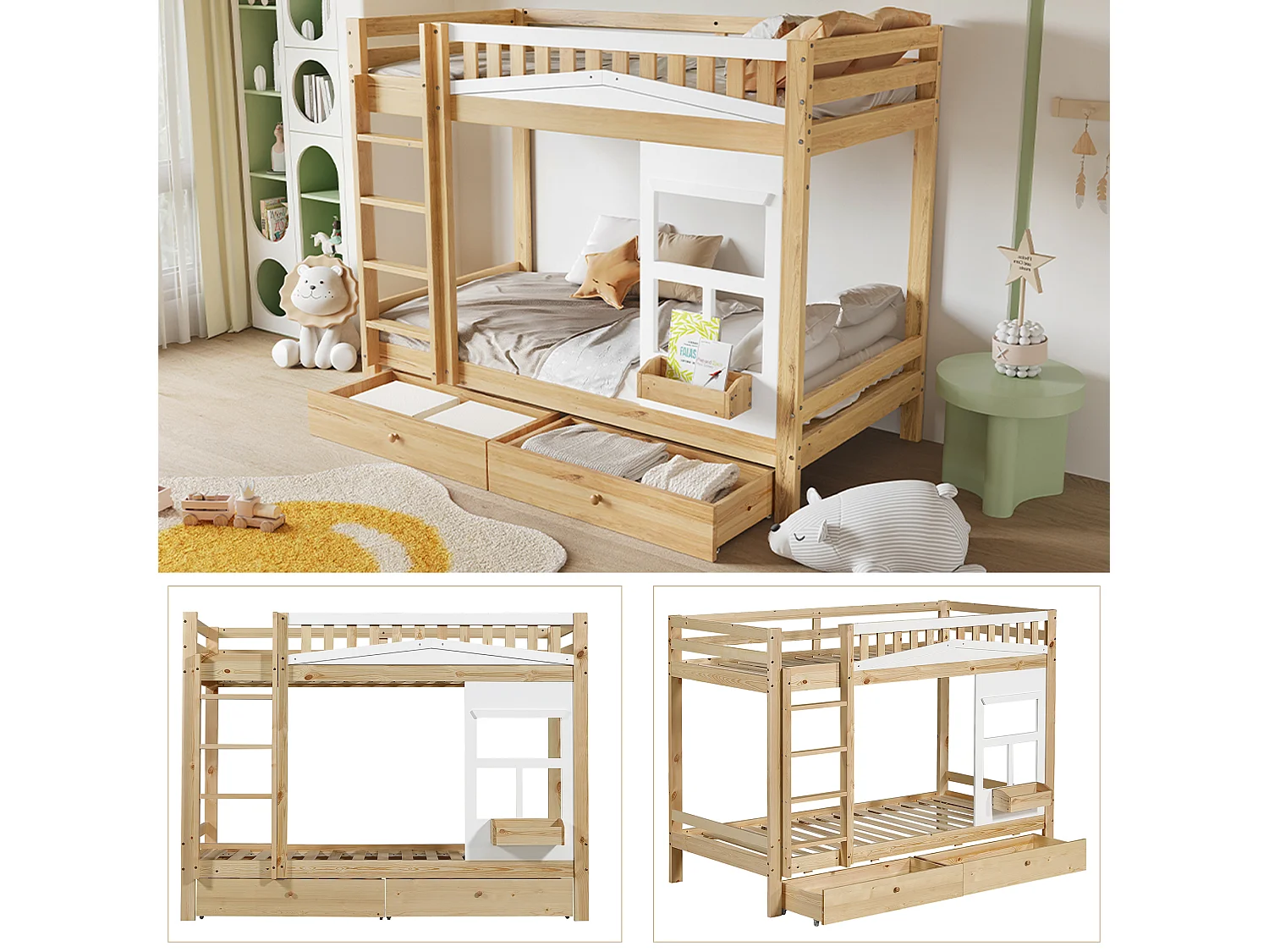 Kinder-Etagenbett mit Fenster - 90 x 200 cm - mit Absturzsicherung - zwei Schubladen und Stauraum - Kiefer + MDF - weiß + natur