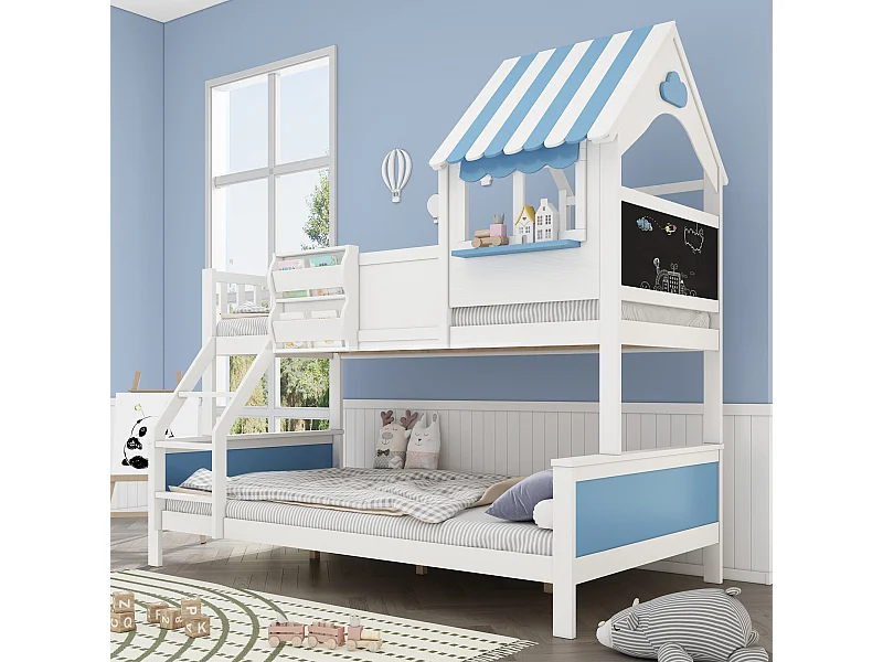 Kinderstapelbed met opbergruimte - 90 x 200 cm + 120 x 200 cm - met schuine ladder - grenen + MDF - wit + blauw