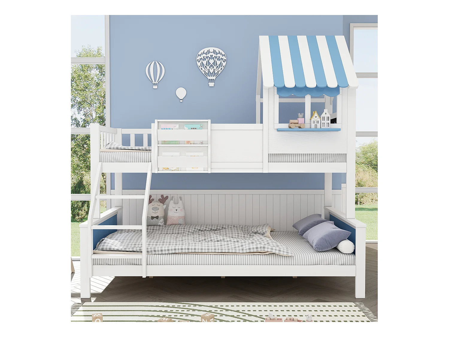 Kinderstapelbed met opbergruimte - 90 x 200 cm + 120 x 200 cm - met schuine ladder - grenen + MDF - wit + blauw