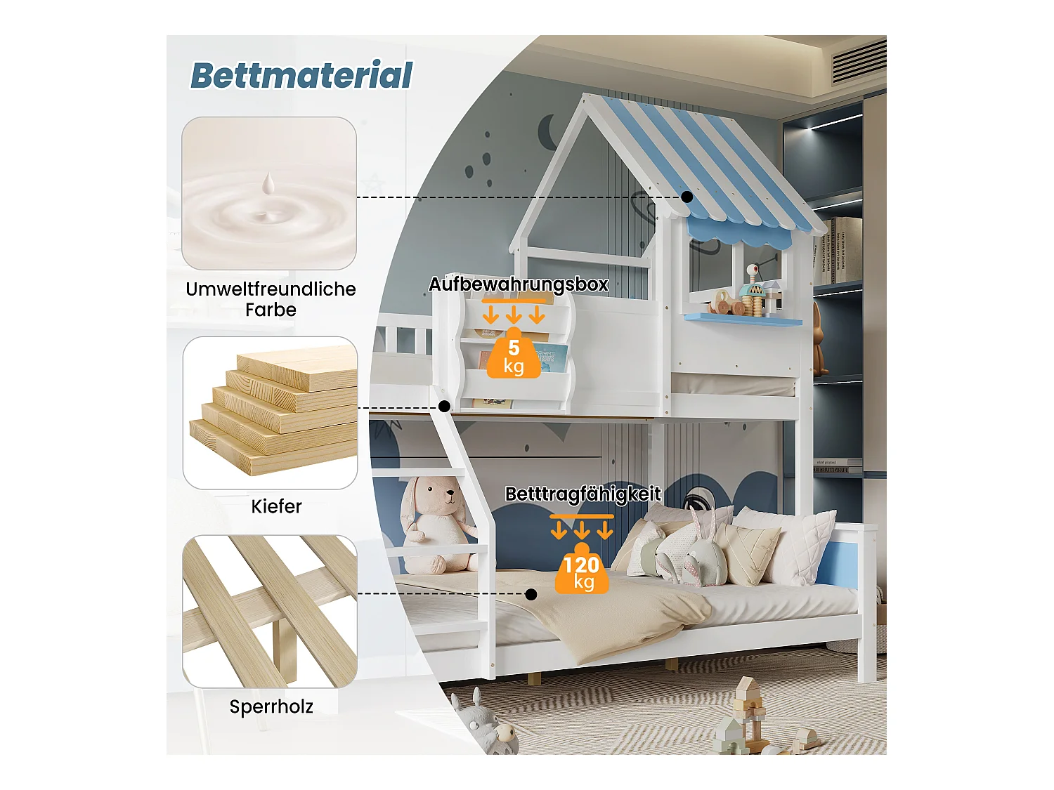 Kinderstapelbed met opbergruimte - 90 x 200 cm + 120 x 200 cm - met schuine ladder - grenen + MDF - wit + blauw