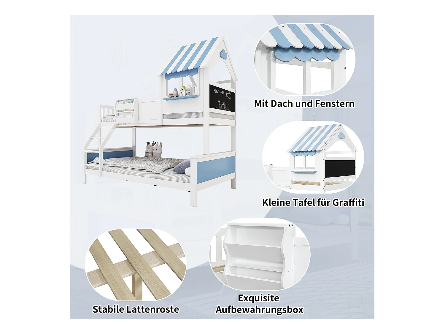 Kinderstapelbed met opbergruimte - 90 x 200 cm + 120 x 200 cm - met schuine ladder - grenen + MDF - wit + blauw