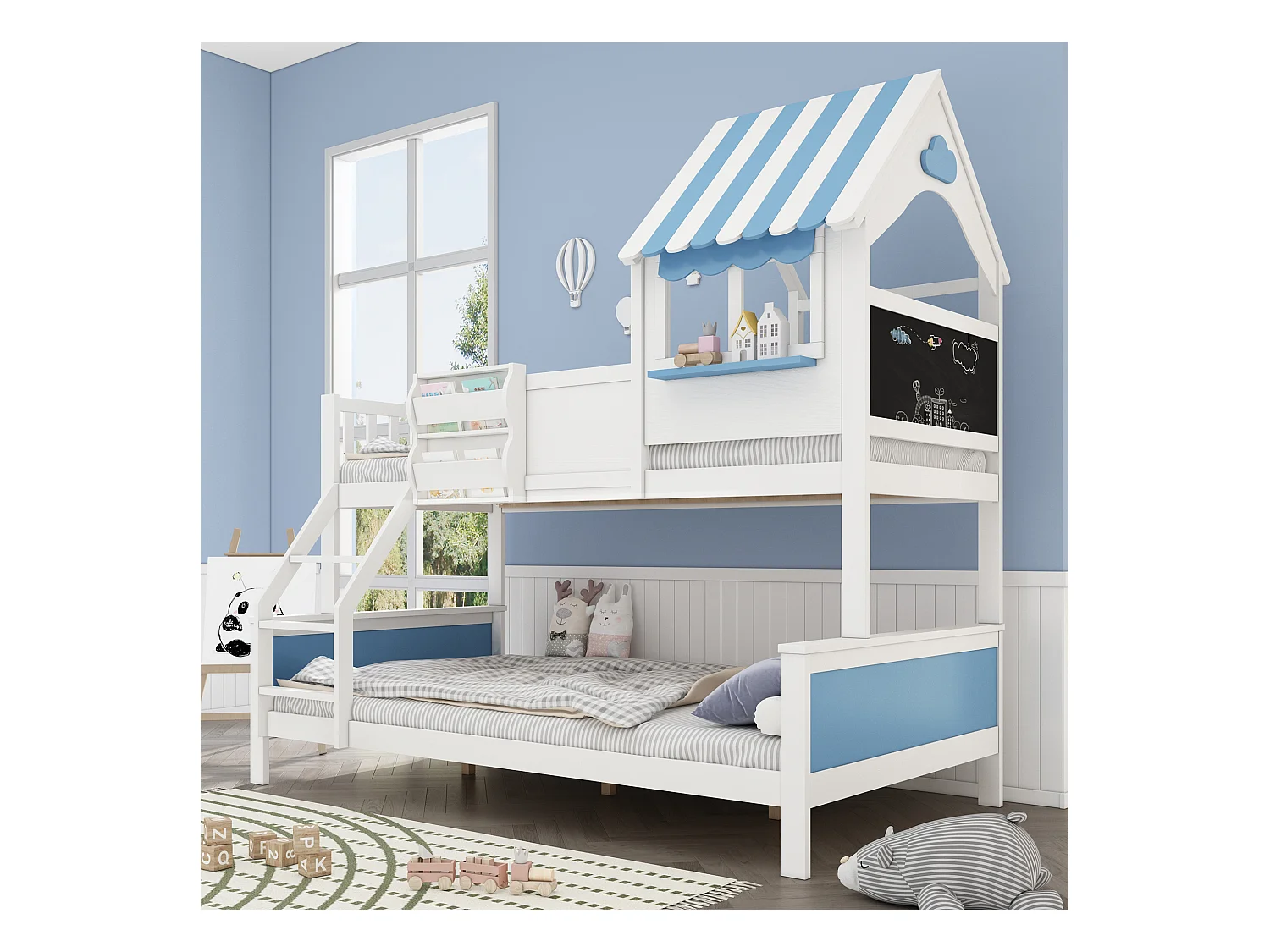 Lits superposés de rangement pour enfant - 90 x 200 cm + 120 x 200 cm - avec échelle inclinée - pin + MDF - blanc + bleu