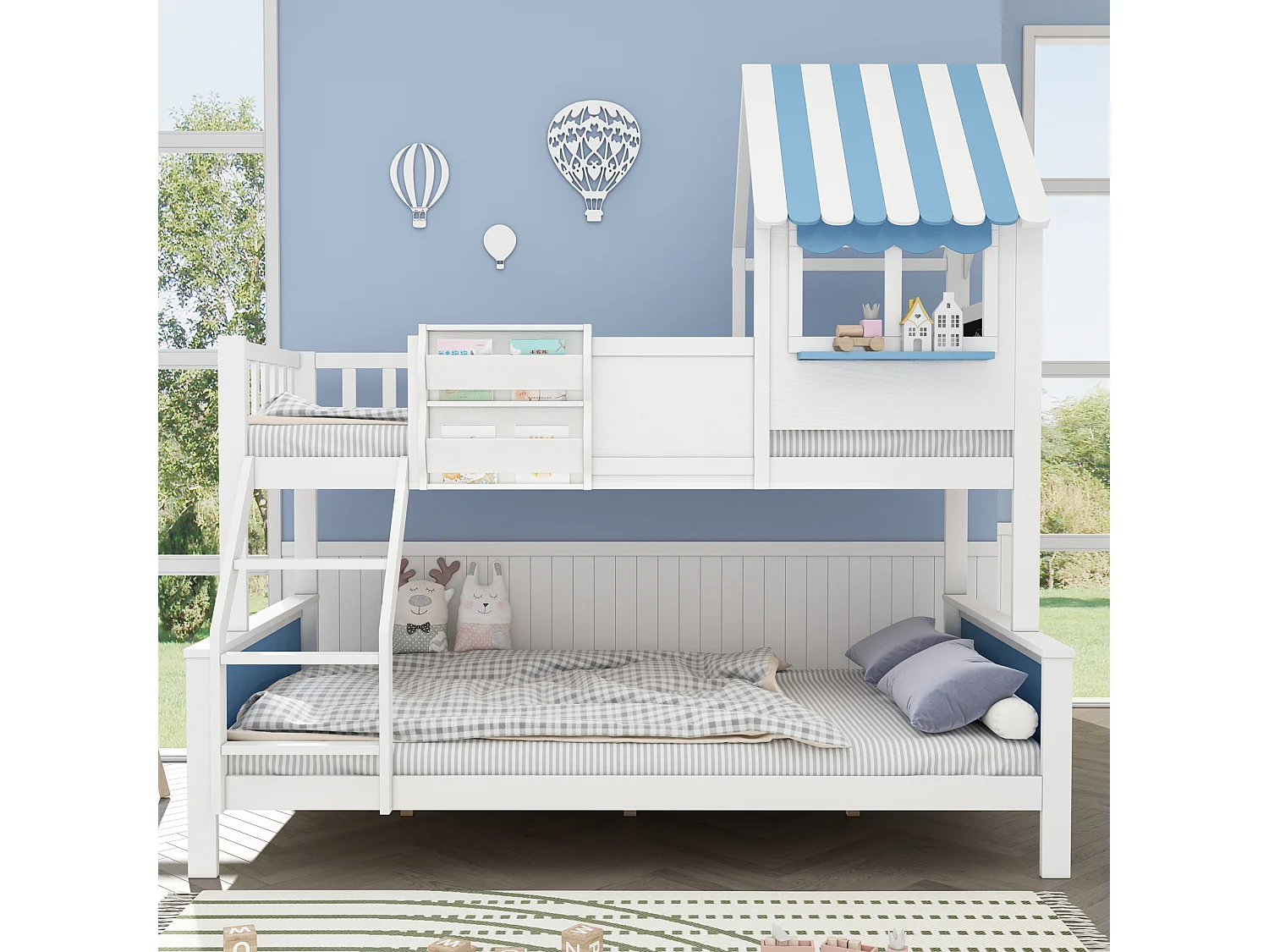 Lits superposés de rangement pour enfant - 90 x 200 cm + 120 x 200 cm - avec échelle inclinée - pin + MDF - blanc + bleu