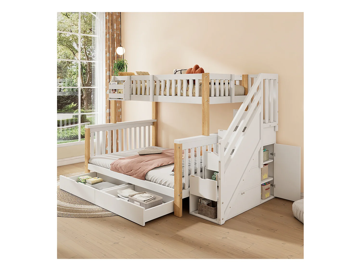 Lits superposés pour enfant - 90 x 200 cm + 140 x 200 cm - 4 rangement dans l'escalier - avec tiroir et armoire - Bois massif - blanc