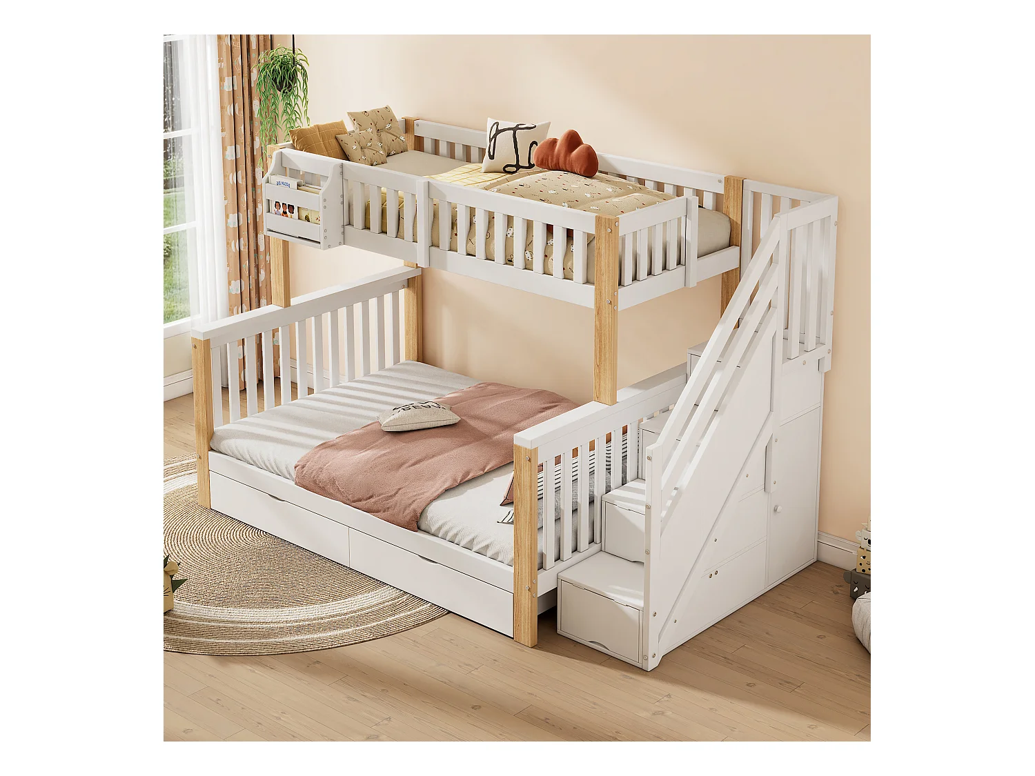 Lits superposés pour enfant - 90 x 200 cm + 140 x 200 cm - 4 rangement dans l'escalier - avec tiroir et armoire - Bois massif - blanc