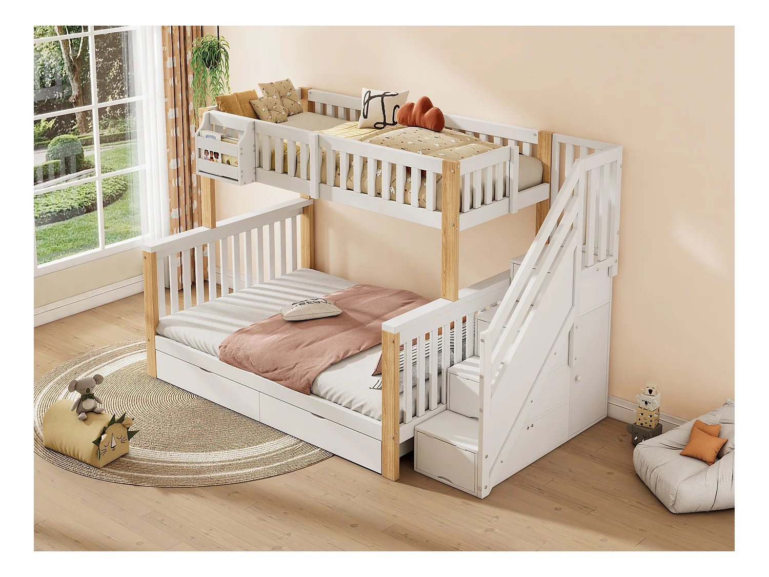 Lits superposés pour enfant - 90 x 200 cm + 140 x 200 cm - 4 rangement dans l'escalier - avec tiroir et armoire - Bois massif - blanc