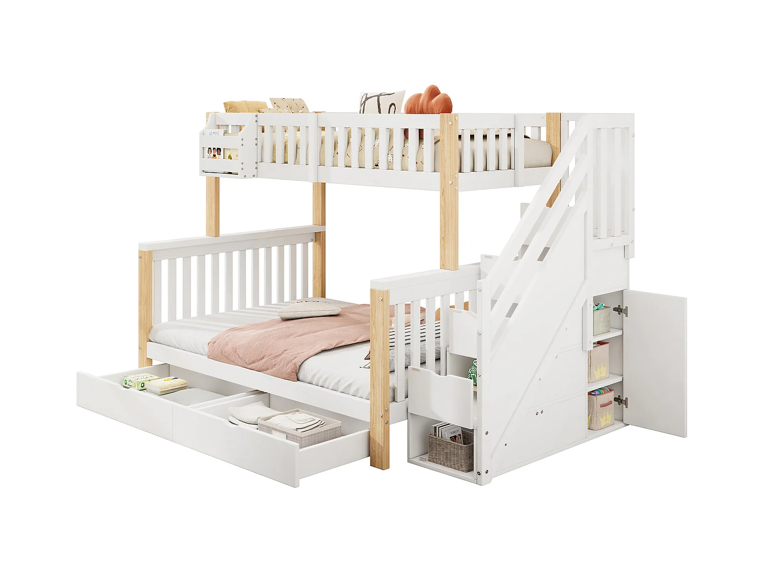 Lits superposés pour enfant - 90 x 200 cm + 140 x 200 cm - 4 rangement dans l'escalier - avec tiroir et armoire - Bois massif - blanc