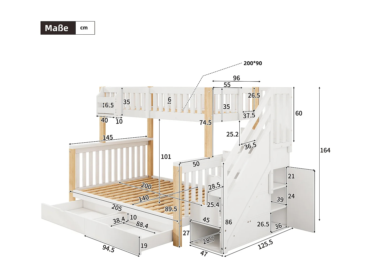 Lits superposés pour enfant - 90 x 200 cm + 140 x 200 cm - 4 rangement dans l'escalier - avec tiroir et armoire - Bois massif - blanc