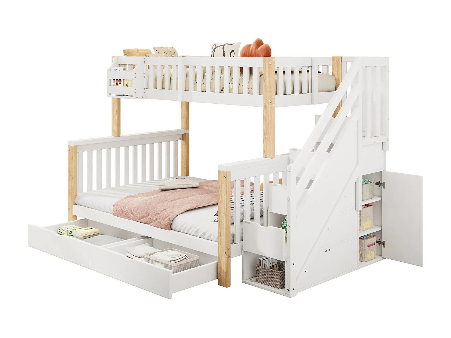 Lits superposés pour enfant - 90 x 200 cm + 140 x 200 cm - 4 rangement dans l'escalier - avec tiroir et armoire - Bois massif - blanc