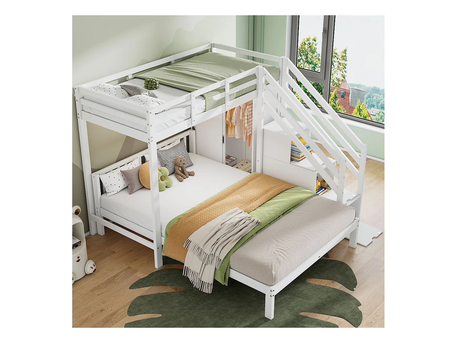 Lits superposés enfant avec armoire - 90 x 200 cm+ 140 x 200 cm - 4 rangements dans l'escalier - bois massif+MDF - blanc