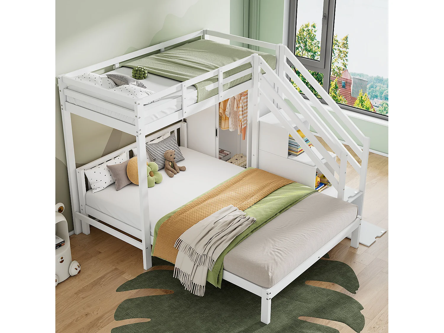 Beliche infantil com roupeiro - 90 x 200 cm + 140 x 200 cm - com escada de arrumação - madeira maciça + MDF - sem colchão - branco