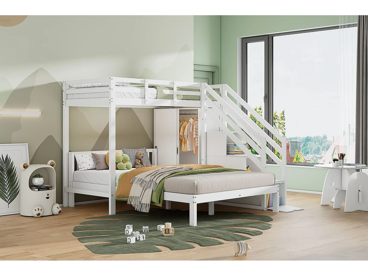 Beliche infantil com roupeiro - 90 x 200 cm + 140 x 200 cm - com escada de arrumação - madeira maciça + MDF - sem colchão - branco