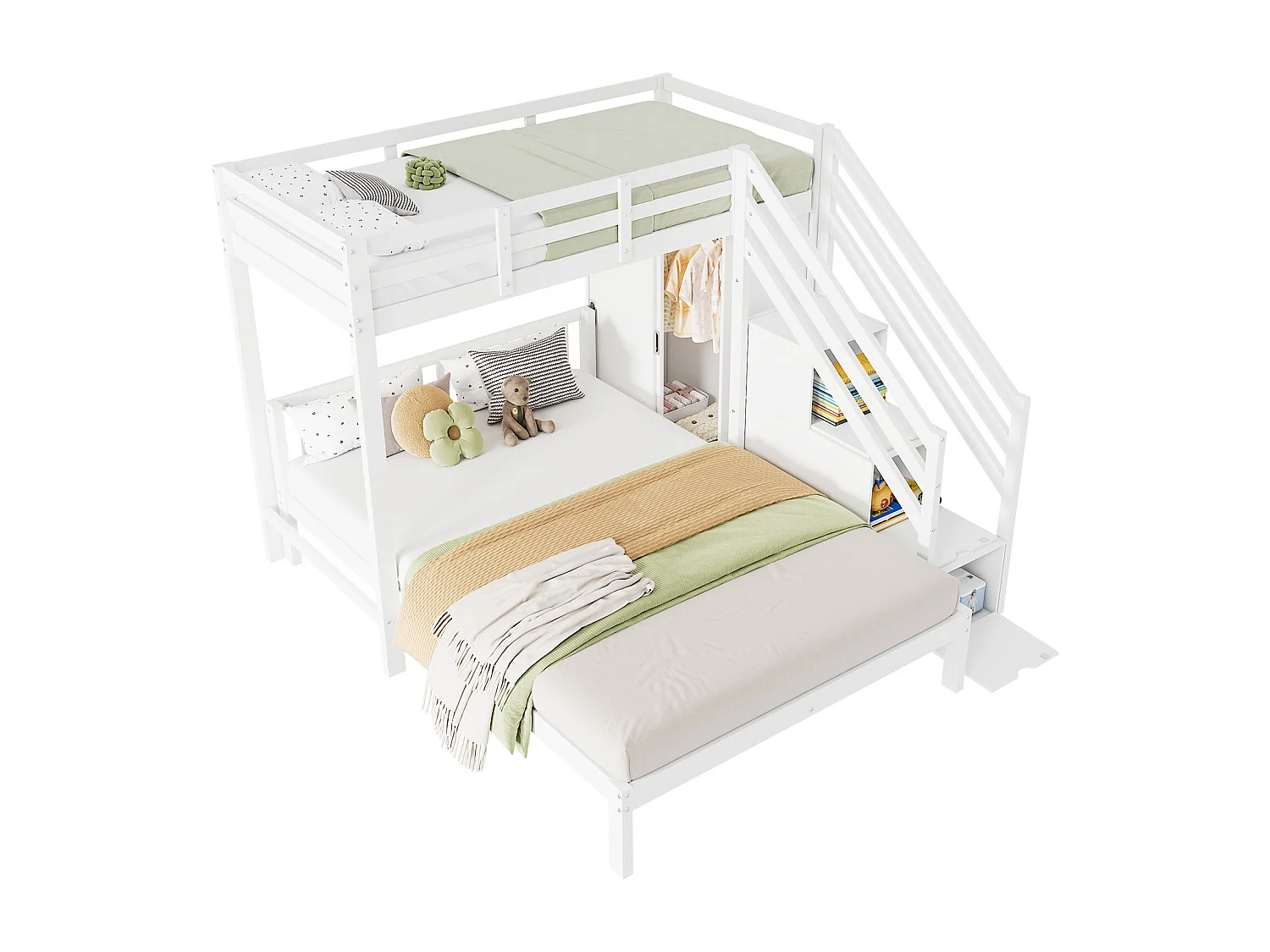 Beliche infantil com roupeiro - 90 x 200 cm + 140 x 200 cm - com escada de arrumação - madeira maciça + MDF - sem colchão - branco