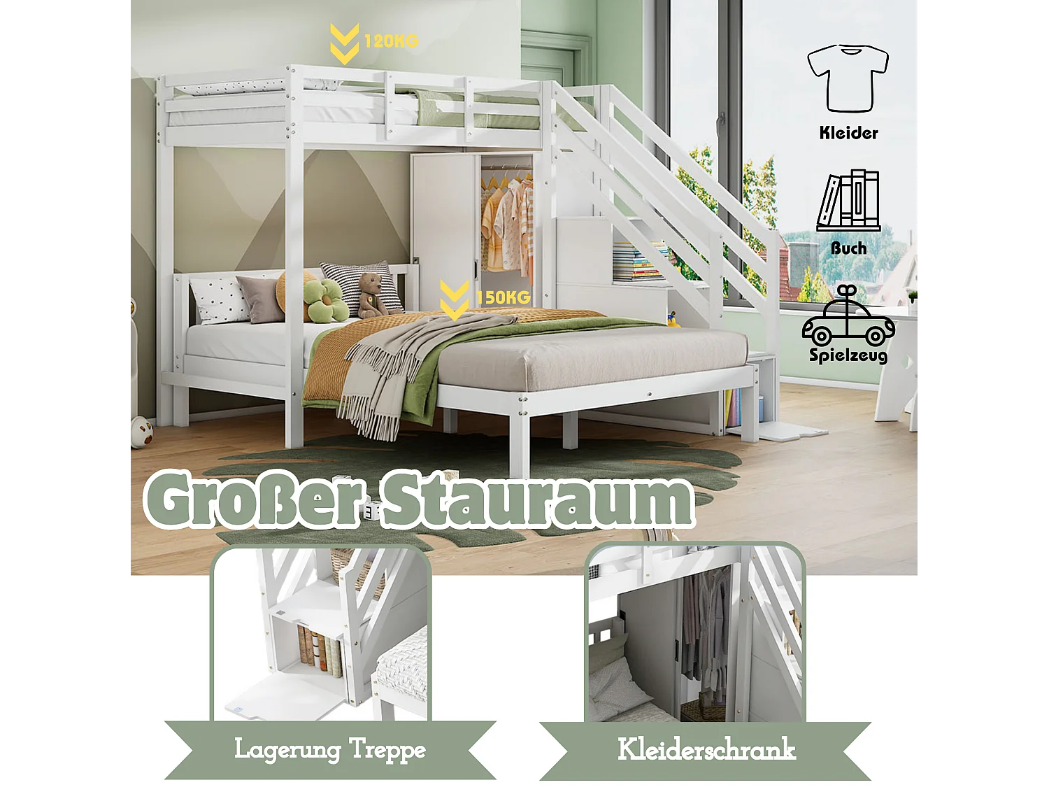 Letto a castello per bambini con armadio - 90 x 200 cm + 140 x 200 cm - con scaletta contenitore - legno massello + MDF - senza materasso - bianco