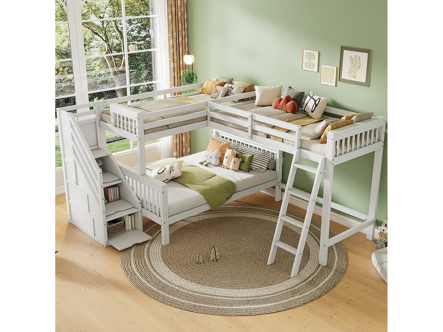 Łóżko piętrowe dla trójki dzieci - 90 x 200 cm + 140 x 200 cm - ze schodami drewnianymi - sosna - białe