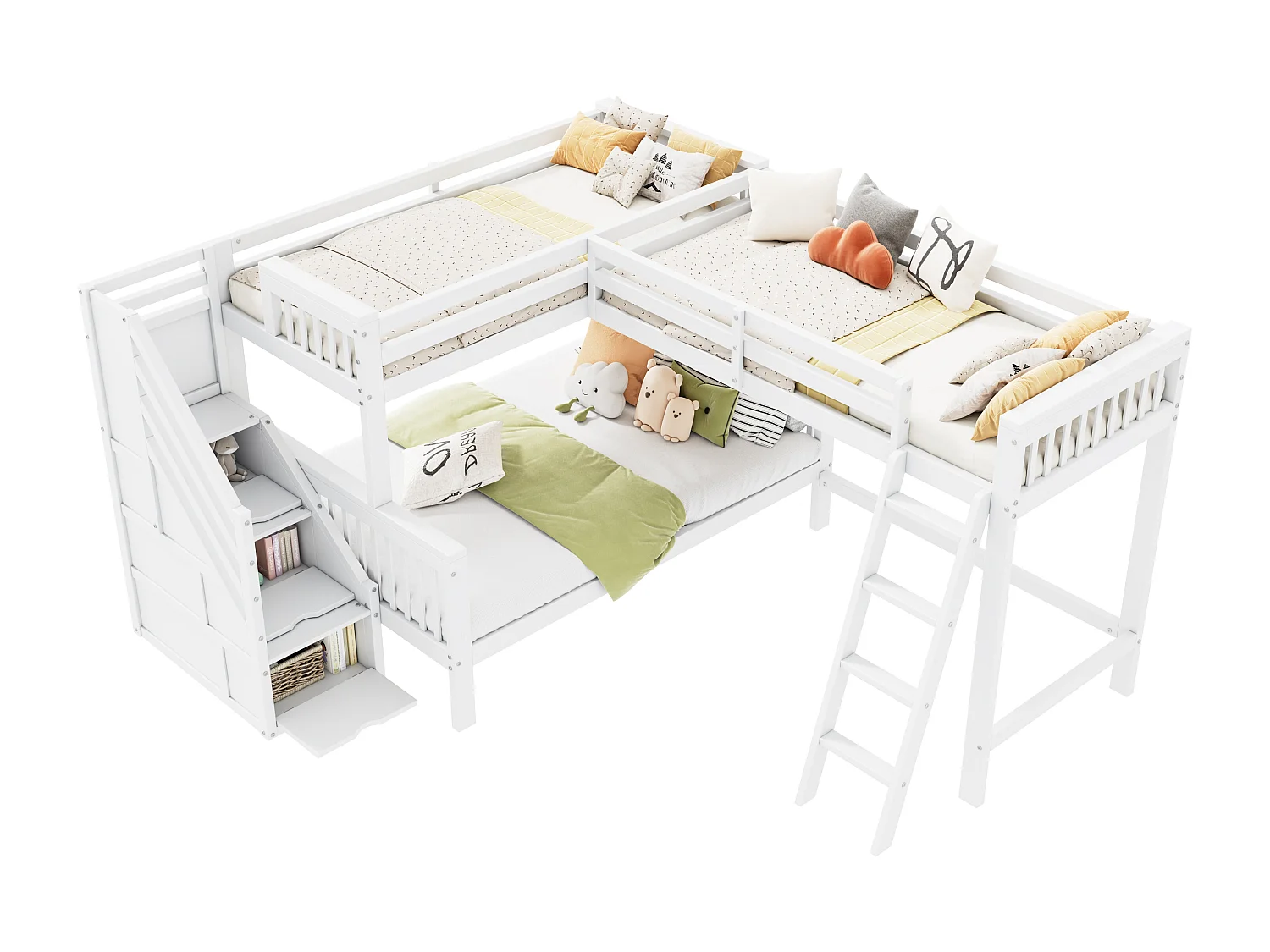 Łóżko piętrowe dla trójki dzieci - 90 x 200 cm + 140 x 200 cm - ze schodami drewnianymi - sosna - białe