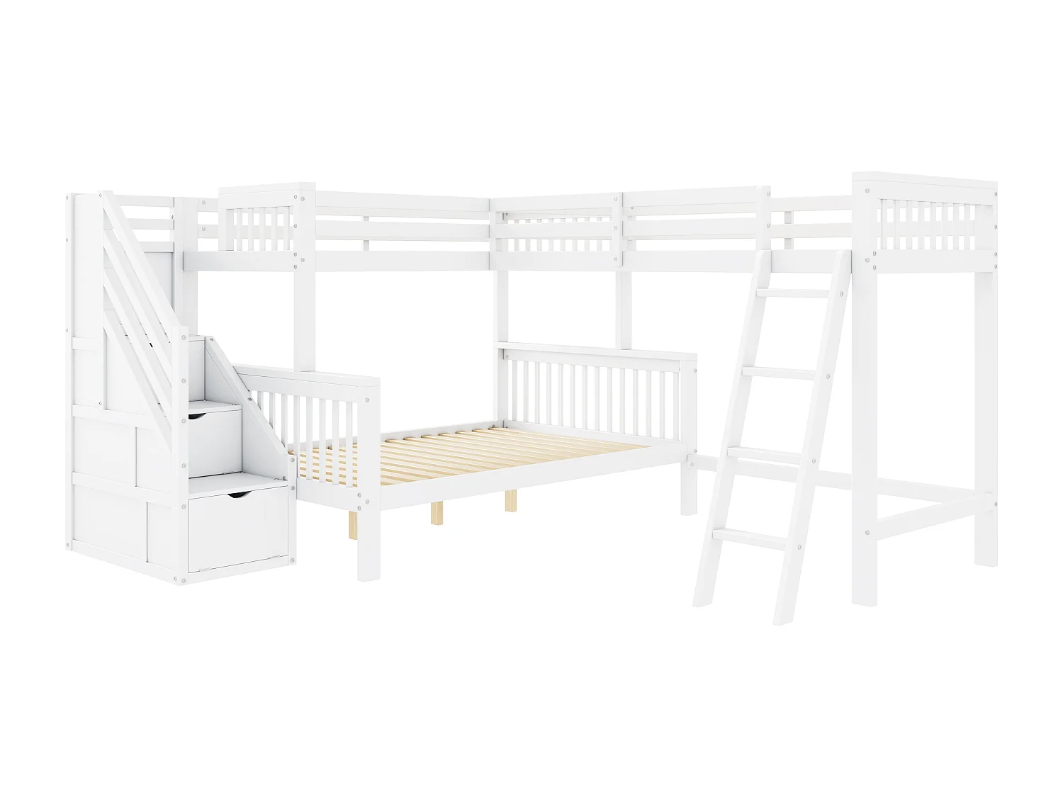 Łóżko piętrowe dla trójki dzieci - 90 x 200 cm + 140 x 200 cm - ze schodami drewnianymi - sosna - białe