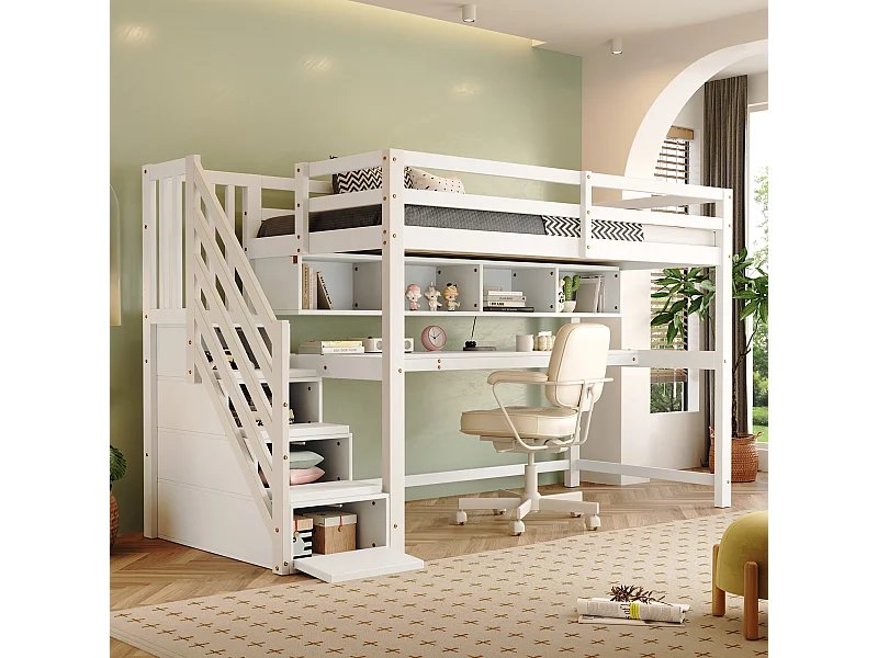Kinder-Hochbett mit Stauraumtreppe - 90 x 200 cm - mit großem Schreibtisch und Regalen - Massivholz + MDF - weiß