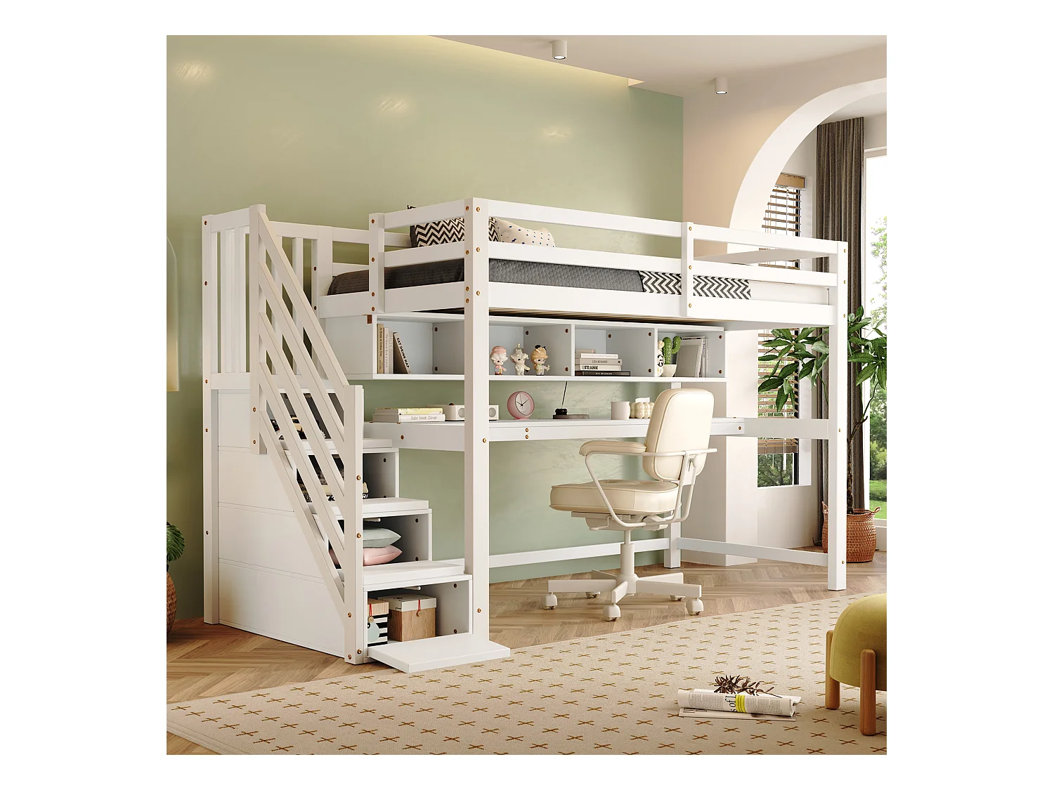 Kinderbed met opbergtrap - 90 x 200 cm - met groot bureau en planken - massief hout + MDF - wit