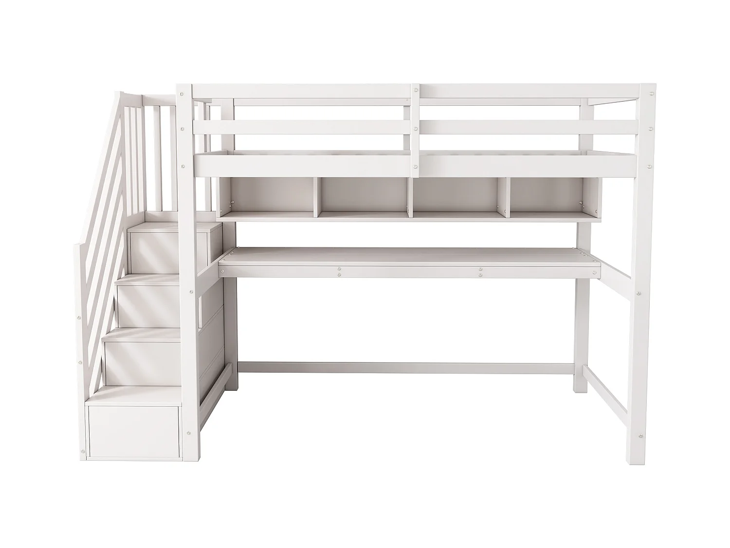 Lit Mezzanine enfant - 90 x 200 cm - avec bureau et étagères - 4 rangements dans l'escalier - bois massif + MDF - blanc