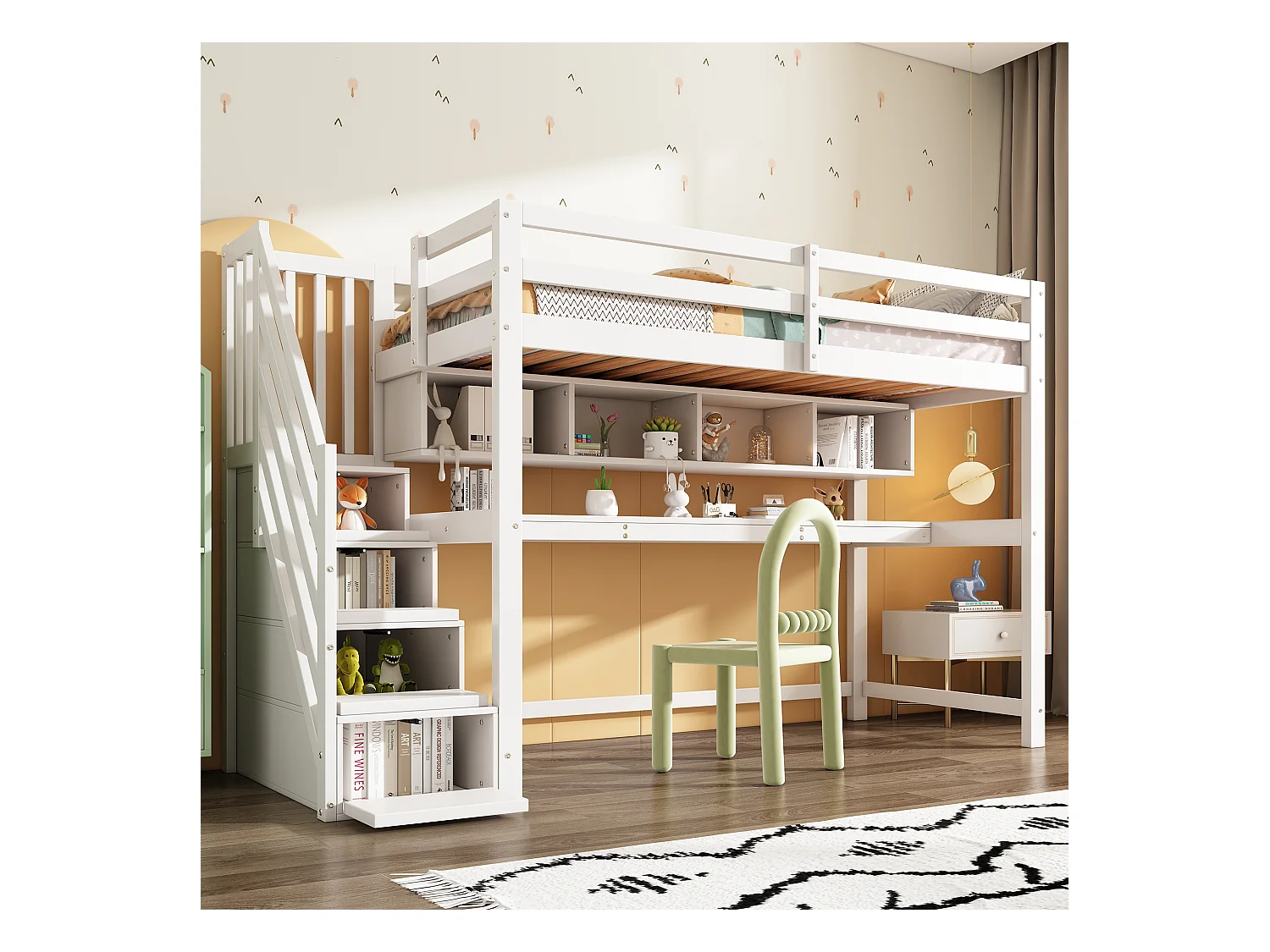 Lit Mezzanine enfant - 90 x 200 cm - avec bureau et étagères - 4 rangements dans l'escalier - bois massif + MDF - blanc