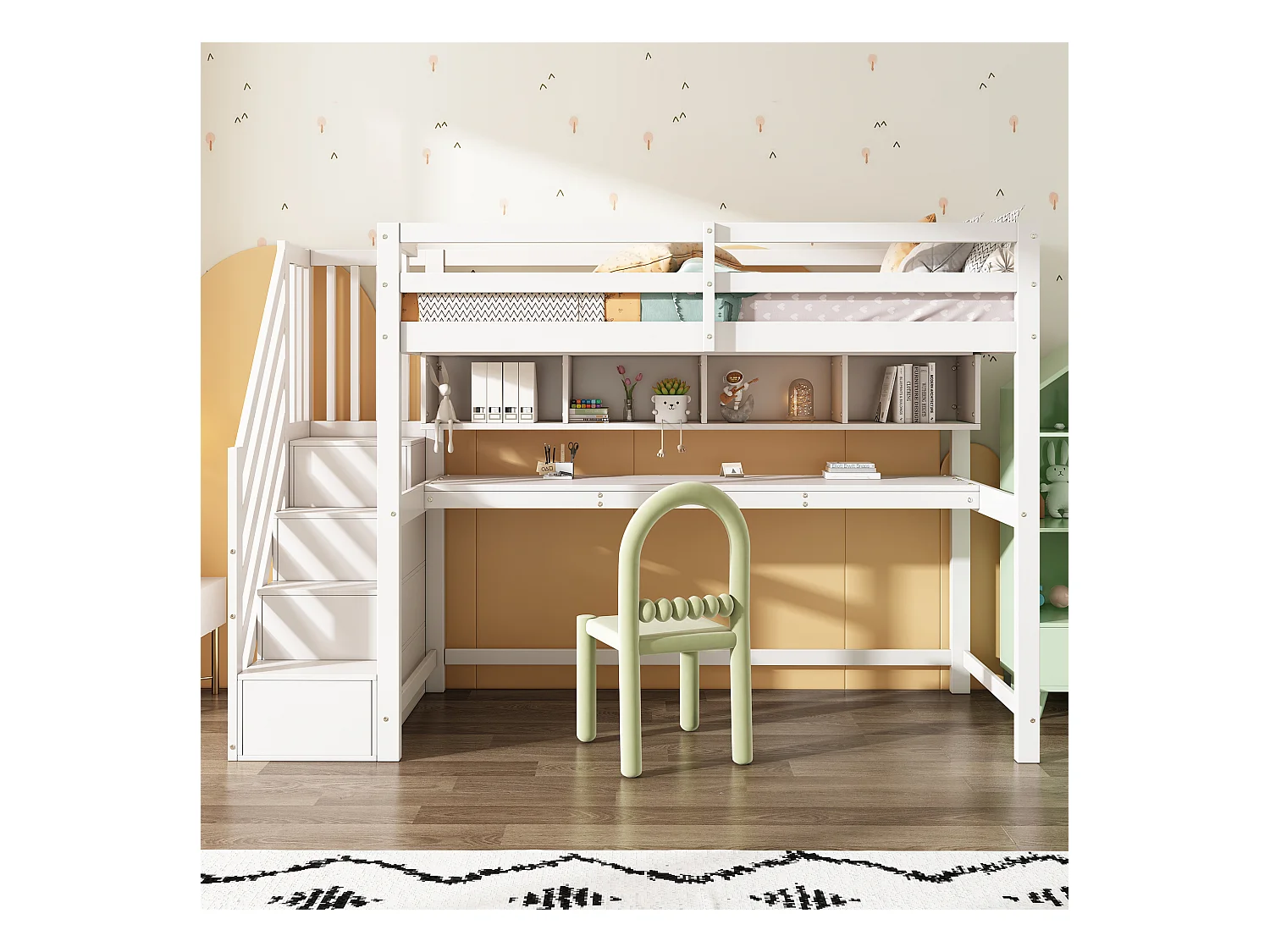Lit Mezzanine enfant - 90 x 200 cm - avec bureau et étagères - 4 rangements dans l'escalier - bois massif + MDF - blanc