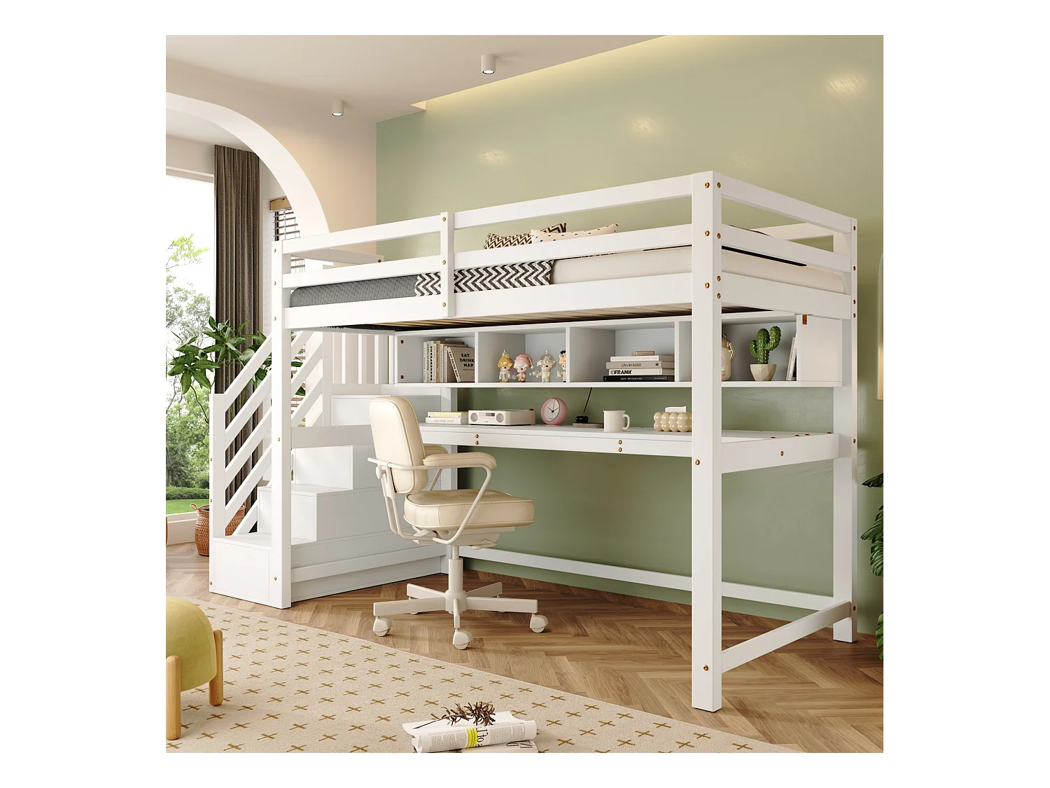 Lit Mezzanine enfant - 90 x 200 cm - avec bureau et étagères - 4 rangements dans l'escalier - bois massif + MDF - blanc