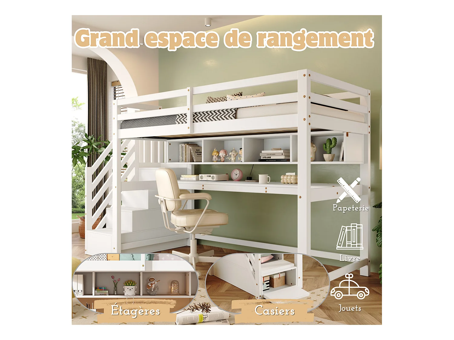 Lit Mezzanine enfant - 90 x 200 cm - avec bureau et étagères - 4 rangements dans l'escalier - bois massif + MDF - blanc