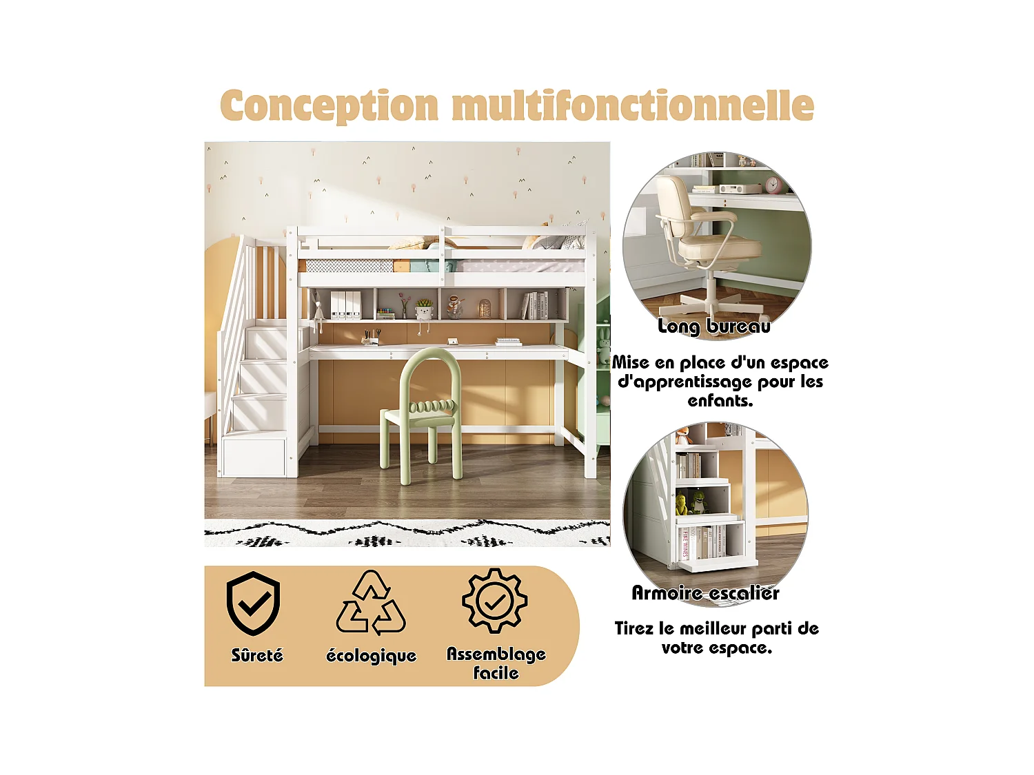 Lit Mezzanine enfant - 90 x 200 cm - avec bureau et étagères - 4 rangements dans l'escalier - bois massif + MDF - blanc