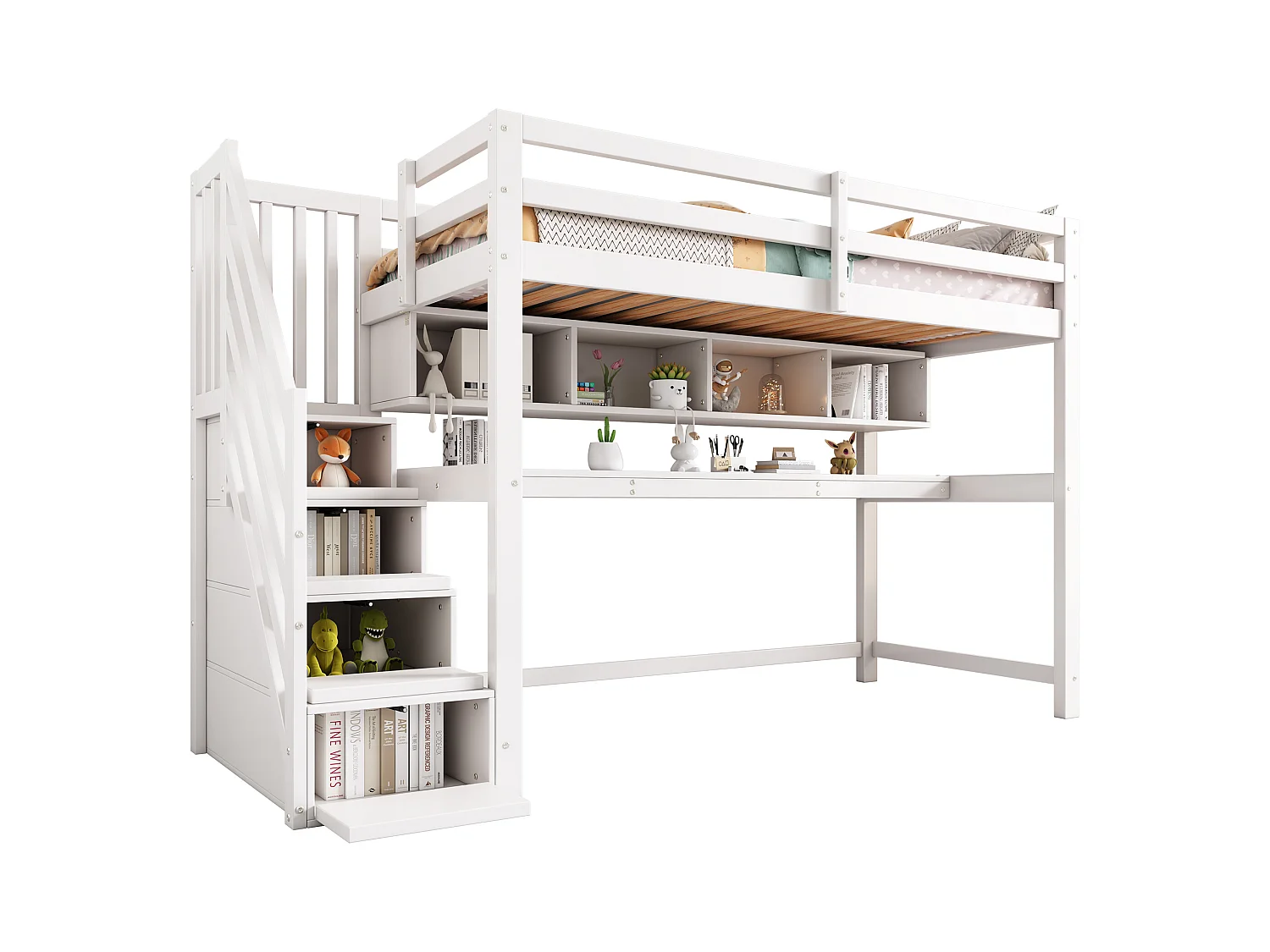 Lit Mezzanine enfant - 90 x 200 cm - avec bureau et étagères - 4 rangements dans l'escalier - bois massif + MDF - blanc