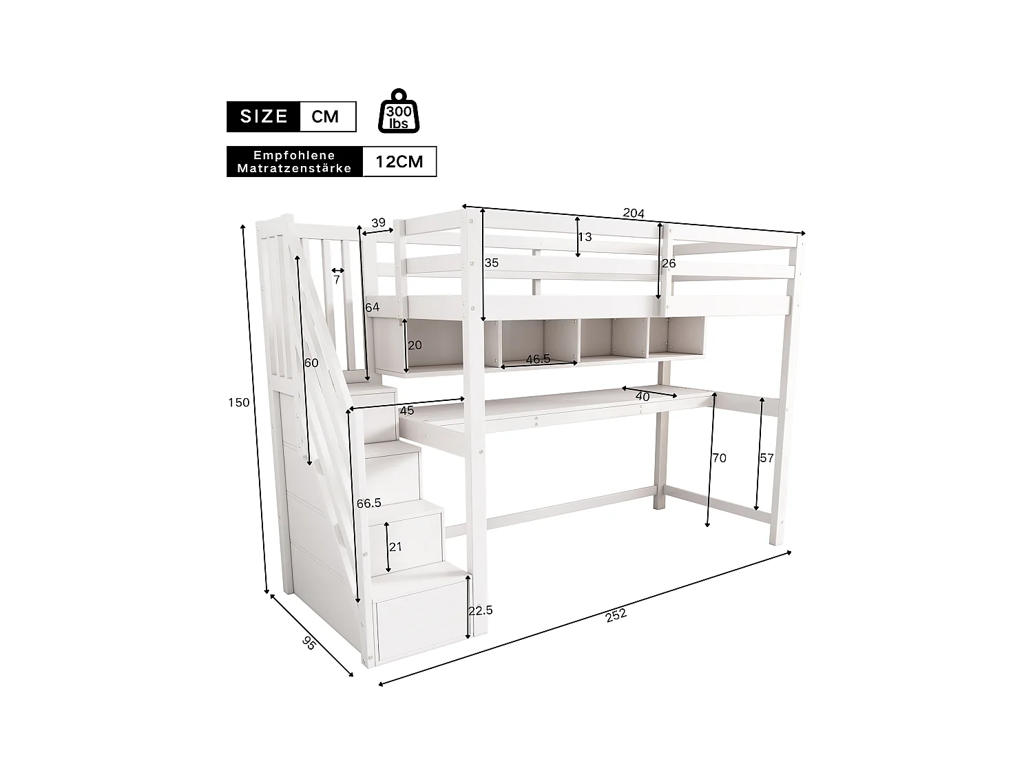Lit Mezzanine enfant - 90 x 200 cm - avec bureau et étagères - 4 rangements dans l'escalier - bois massif + MDF - blanc