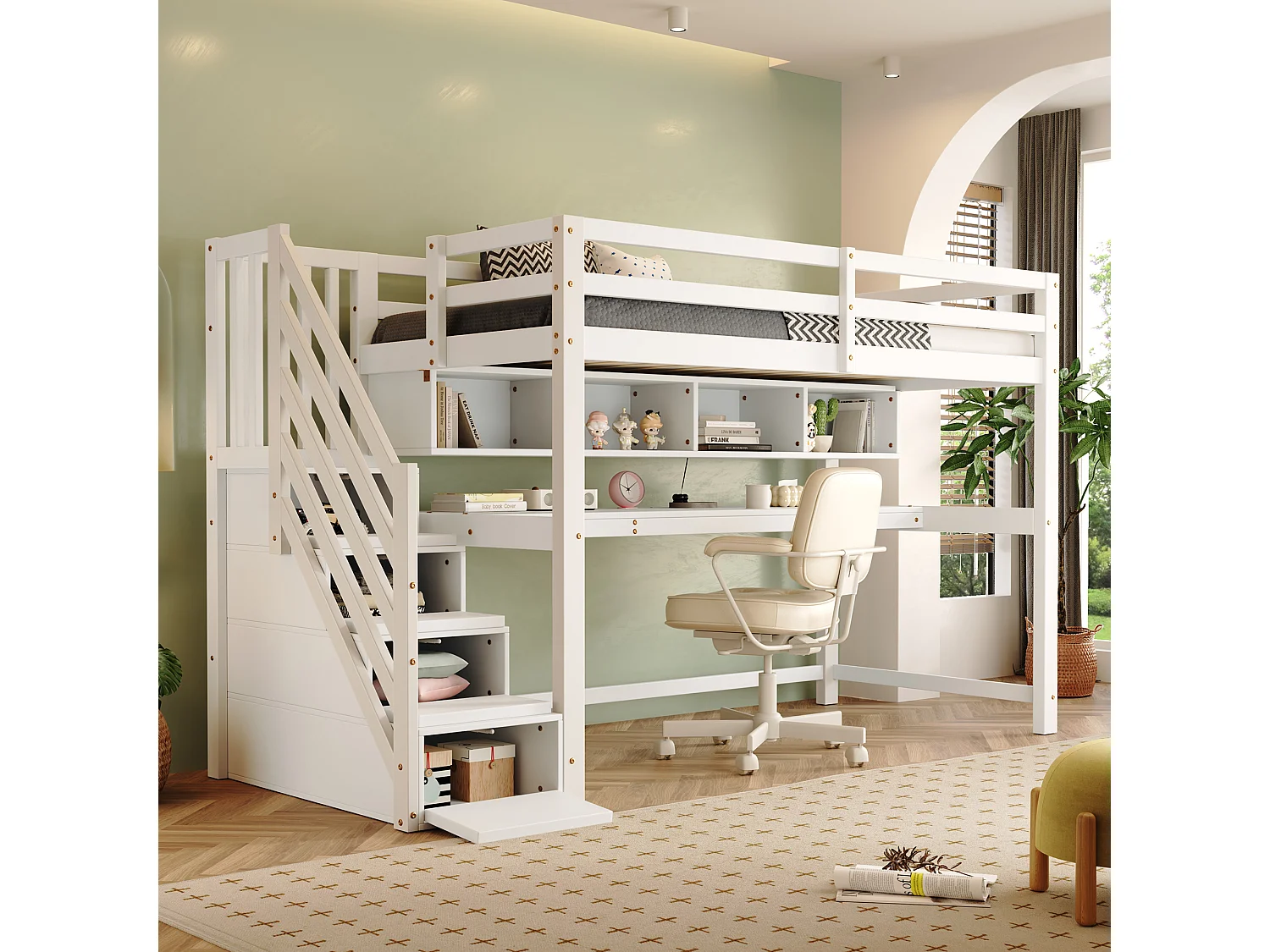 Lit Mezzanine enfant - 90 x 200 cm - avec bureau et étagères - 4 rangements dans l'escalier - bois massif + MDF - blanc