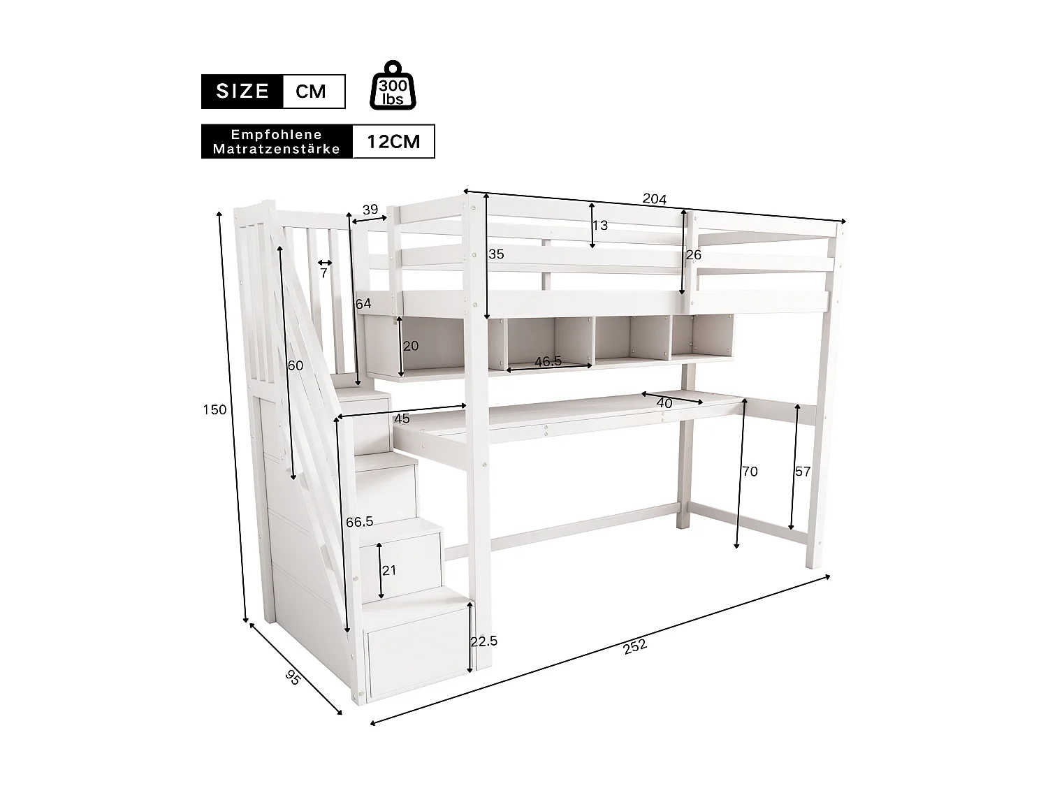 Lit Mezzanine enfant - 90 x 200 cm - avec bureau et étagères - 4 rangements dans l'escalier - bois massif + MDF - blanc