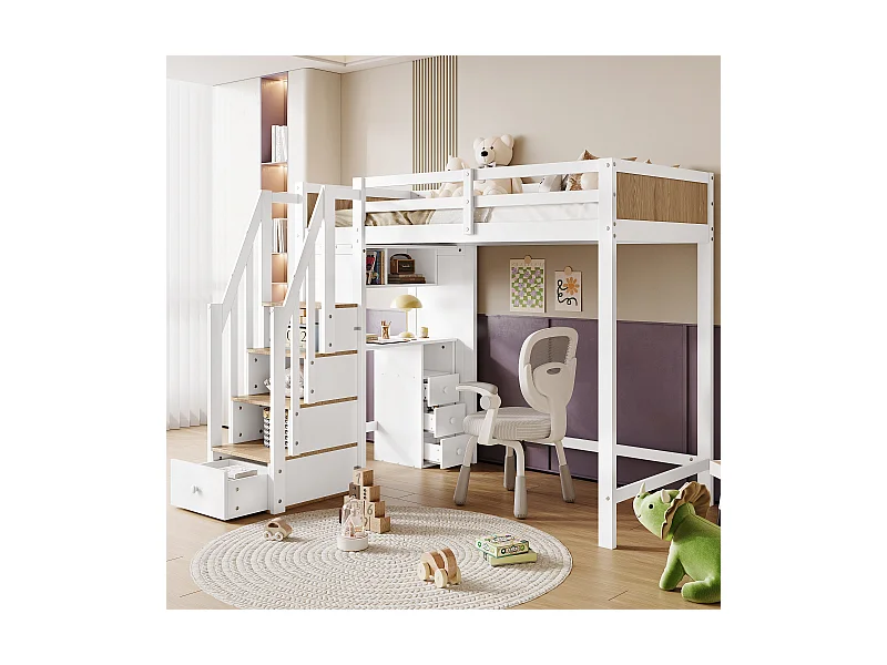 Kinderhochbett mit Absturzsicherung - 90 x 200 cm - mit Schreibtisch mit 3 Schubladen - Kiefer + MDF - Weiß + Natur