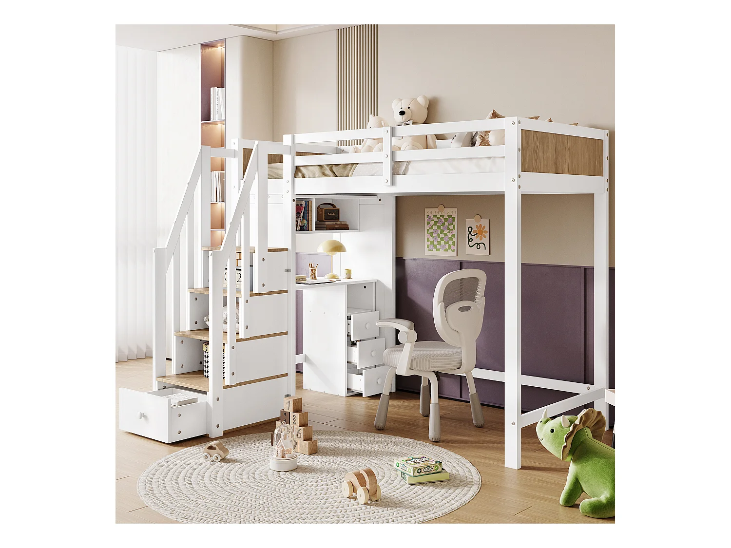 Cama alta infantil com grade de segurança - 90 x 200 cm - com secretária com 3 gavetas - pinho + MDF - branco + natural