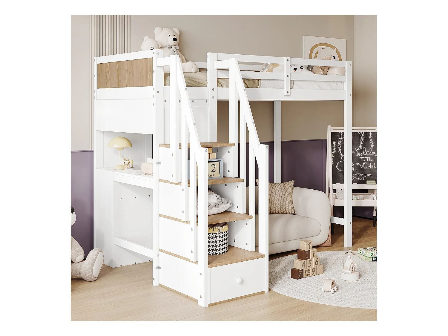 Cama alta infantil com grade de segurança - 90 x 200 cm - com secretária com 3 gavetas - pinho + MDF - branco + natural