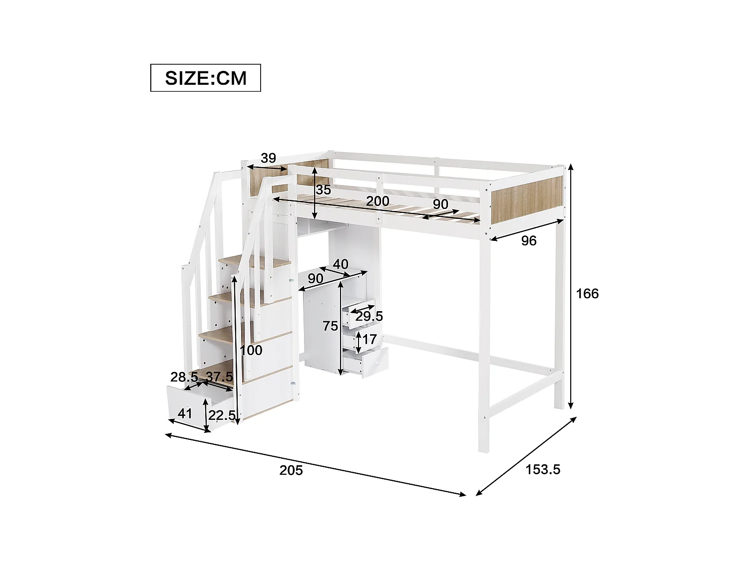 Cama alta infantil com grade de segurança - 90 x 200 cm - com secretária com 3 gavetas - pinho + MDF - branco + natural