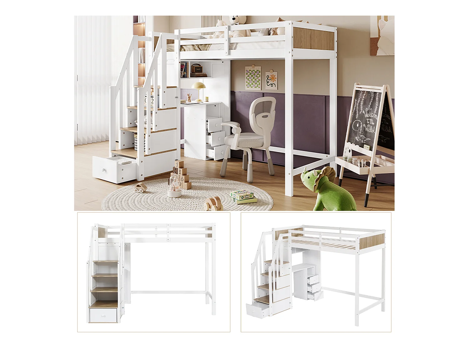 Cama alta infantil com grade de segurança - 90 x 200 cm - com secretária com 3 gavetas - pinho + MDF - branco + natural