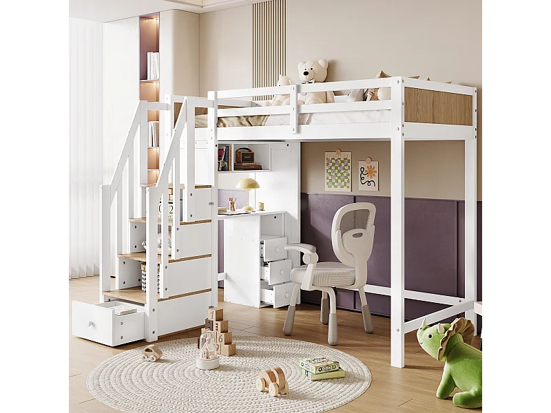 Lit mezzanine enfant - 90 x 200 cm - 4 rangement dans l'escalier - bureau avec 3 tiroirs - pin+MDF - blanc+naturel
