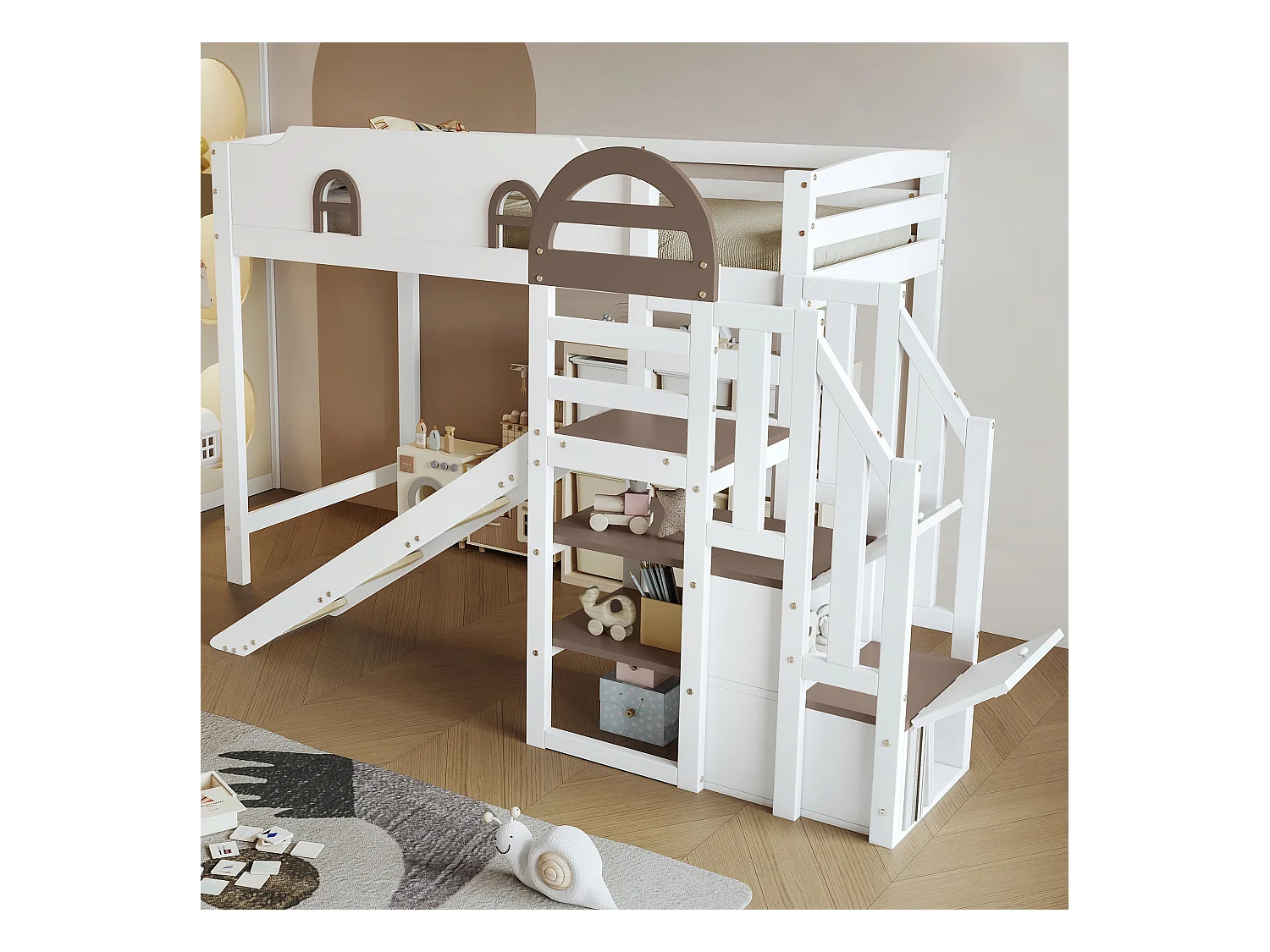 Lit mezzanine pour enfant - 90 x 200 cm - avec toboggan et fenêtre - 2 rangements dans l'escalier - pin+MDF - blanc+marron