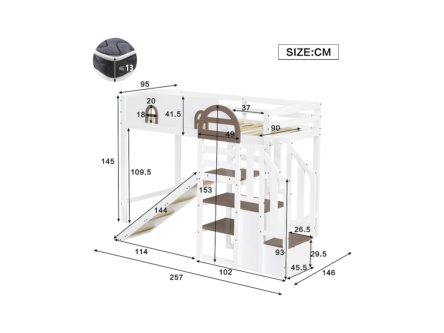 Lit mezzanine pour enfant - 90 x 200 cm - avec toboggan et fenêtre - 2 rangements dans l'escalier - pin+MDF - blanc+marron
